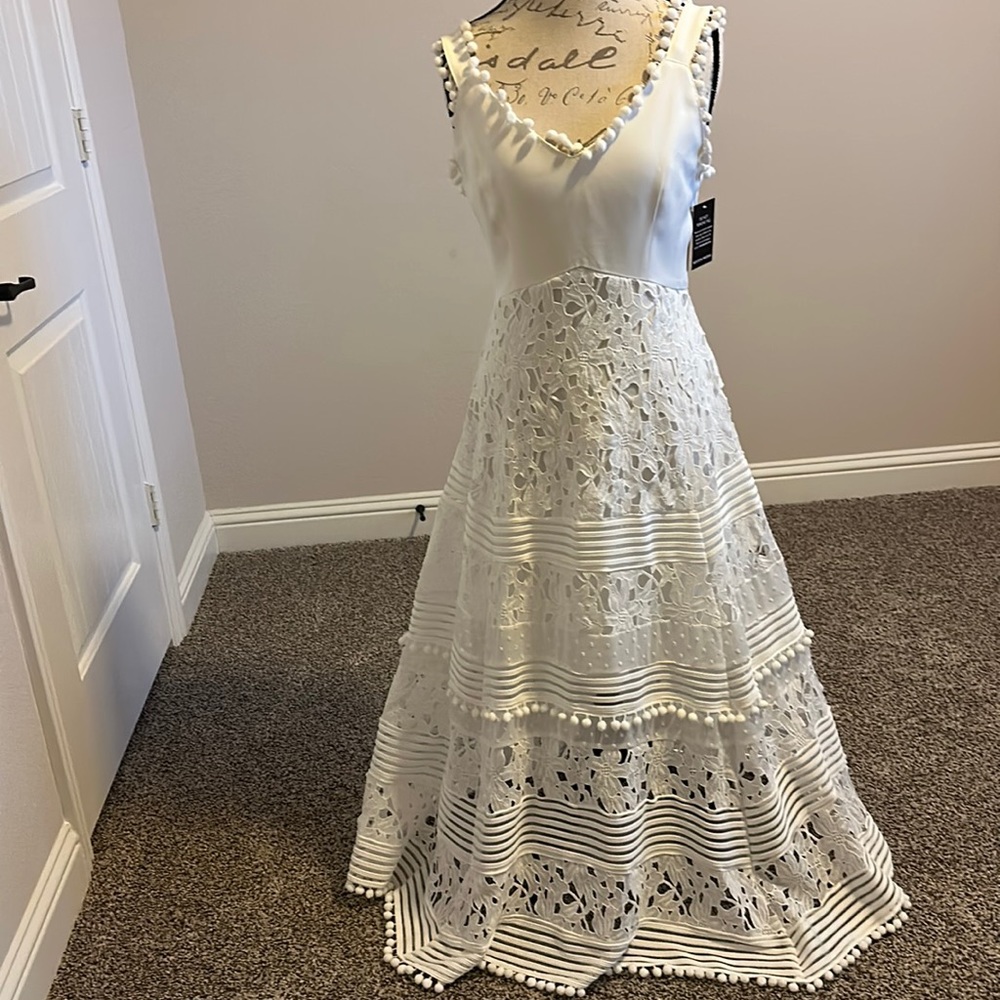 Boston Proper White Maxi Dress with Lace & Pom Trim